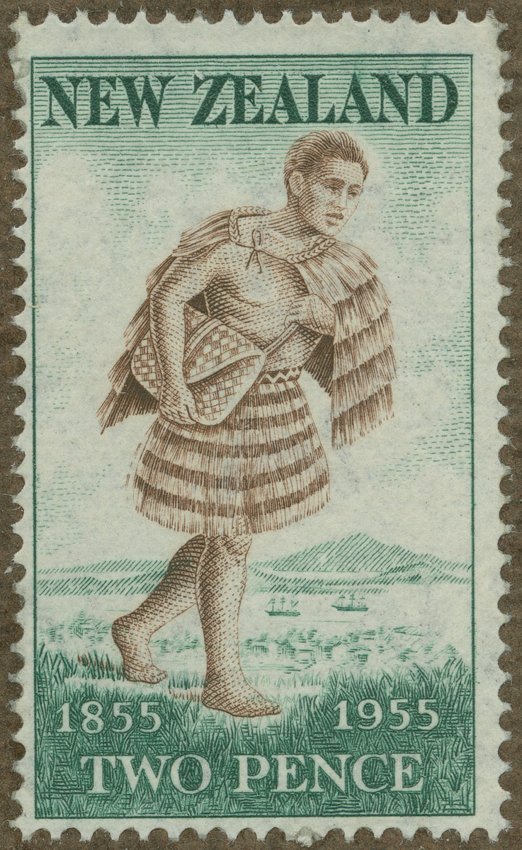 Frimärke ur Gösta Bodmans filatelistiska motivsamling, påbörjad 1950.
Frimärke från New Zealand, 1955. Motiv av Maori brevbärare Posten 100 år 1855-1955
