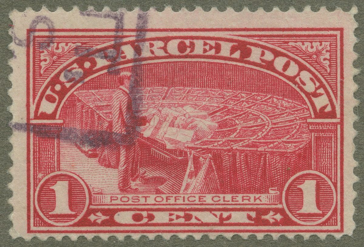 Frimärke ur Gösta Bodmans filatelistiska motivsamling, påbörjad 1950.
Frimärke från U.S.A., 1912. Motiv av Amerikansk sortering av ankommande post. Amerikansk paketpost.