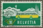 Frimärke ur Gösta Bodmans filatelistiska motivsamling, påbörjad 1950.
Frimärke från Schweiz, 1953. Motiv av Schweizisk post- och passagerarbuss -Vinteralplandskap-