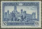 Frimärke ur Gösta Bodmans filatelistiska motivsamling, påbörjad 1950.
Frimärke från Spanien, 1931. Motiv av Kommunikationspalatset i Madrid. -Biplan-. Pan-amerikansk postkongress 1931.