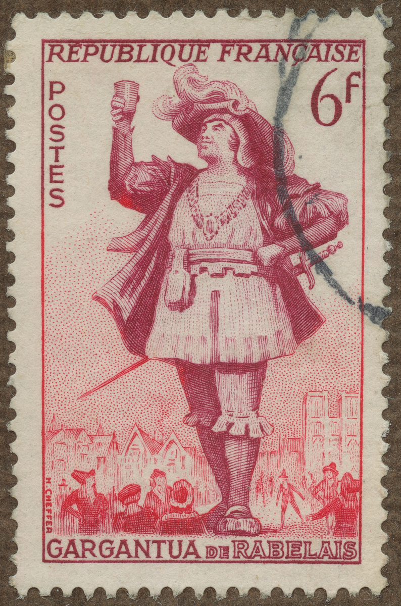 Frimärke ur Gösta Bodmans filatelistiska motivsamling, påbörjad 1950.
Frimärke från Frankrike, 1953. Motiv av "Gargantua" i "Krönkan om Gargantua" (utkom 1532-1553) av François Rabelais: (1494-1553) -Franska Renässansens största litterära gestalt-