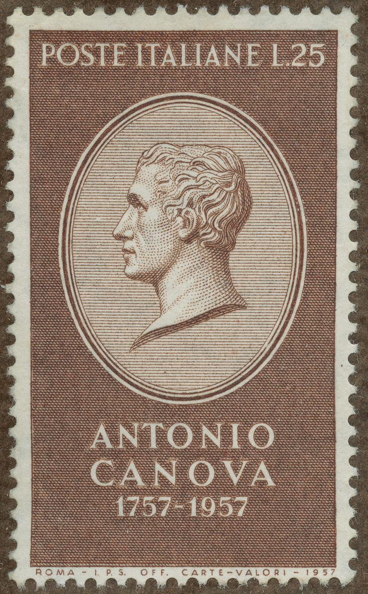 Frimärke ur Gösta Bodmans filatelistiska motivsamling, påbörjad 1950.
Frimärke från Italien, 1957. Motiv av Antonio Canova 1757-1822 Bildhuggare 200-årsminne av hans födelse: 1757-1957.