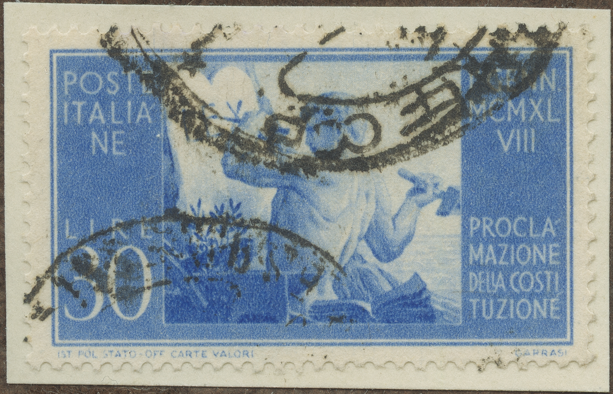 Frimärke ur Gösta Bodmans filatelistiska motivsamling, påbörjad 1950.
Frimärke från Italien, 1948. Motiv av Minnes Symbol Årsdagen Den nya Författningen