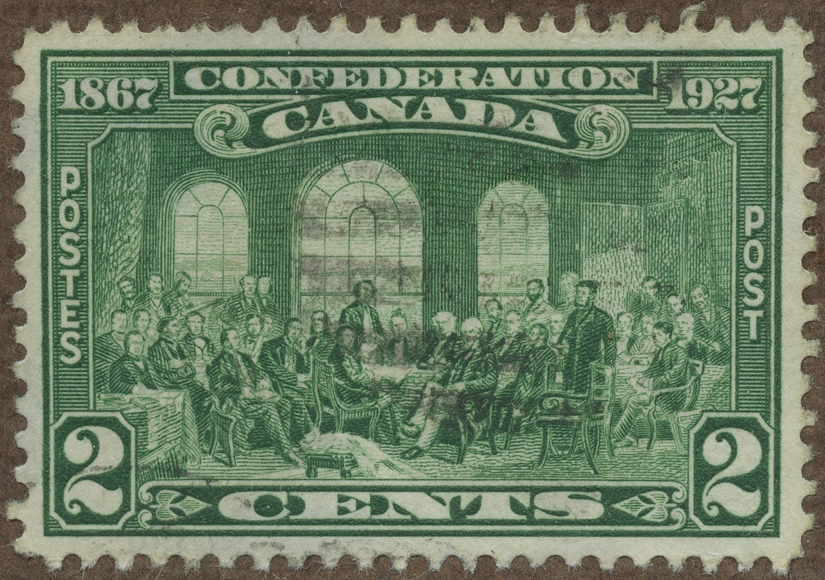 Frimärke ur Gösta Bodmans filatelistiska motivsamling, påbörjad 1950.
Frimärke från Canada, 1927. Motiv av Canadas grundande  (Confederation Canada) 1867 i staden Quebec. - 60-årsminne-