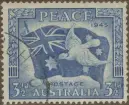 Frimärke ur Gösta Bodmans filatelistiska motivsamling, påbörjad 1950.
Frimärke från Australien, 1946. Motiv av Fredsduva. - Australiens flagga. Minne om freden, 1945: världskrig II.