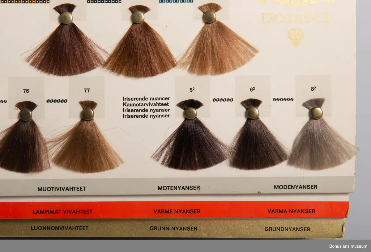 594 Landskap BOHUSLÄN

Fyra pappskivor och försättsskiva med hårprover med olika färger och nyanser för hårfärgning, färgade med vätskor från L"Oreal.
Text: "L"Oreal. Colorelle Excellence. La Coloration Esthetique".
Insatt i rygg av plastringar.

Föremål från Brorssons Damfrisering i Kungshamn, se UM023941.