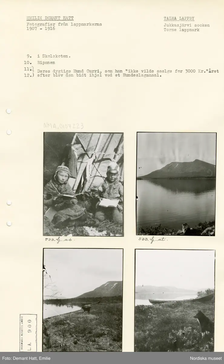 Arkivark med monterade fotografier tagna av Emilie Demant Hatt. Bilderna ingår i en serie fotografier tagna i Lappland, Sapmi mellan åren 1907 och 1916.
