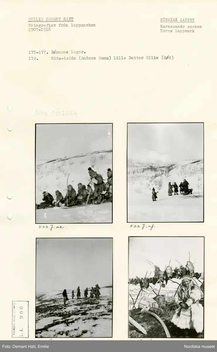 Arkivark med monterade fotografier tagna av Emilie Demant Hatt. Bilderna ingår i en serie fotografier tagna i Lappland, Sapmi mellan åren 1907 och 1916.