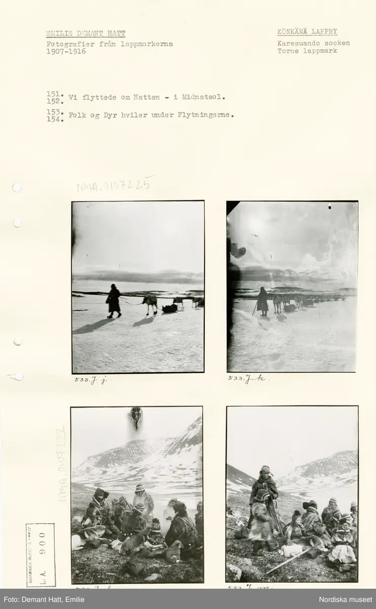 Arkivark med monterade fotografier tagna av Emilie Demant Hatt. Bilderna ingår i en serie fotografier tagna i Lappland, Sapmi mellan åren 1907 och 1916.