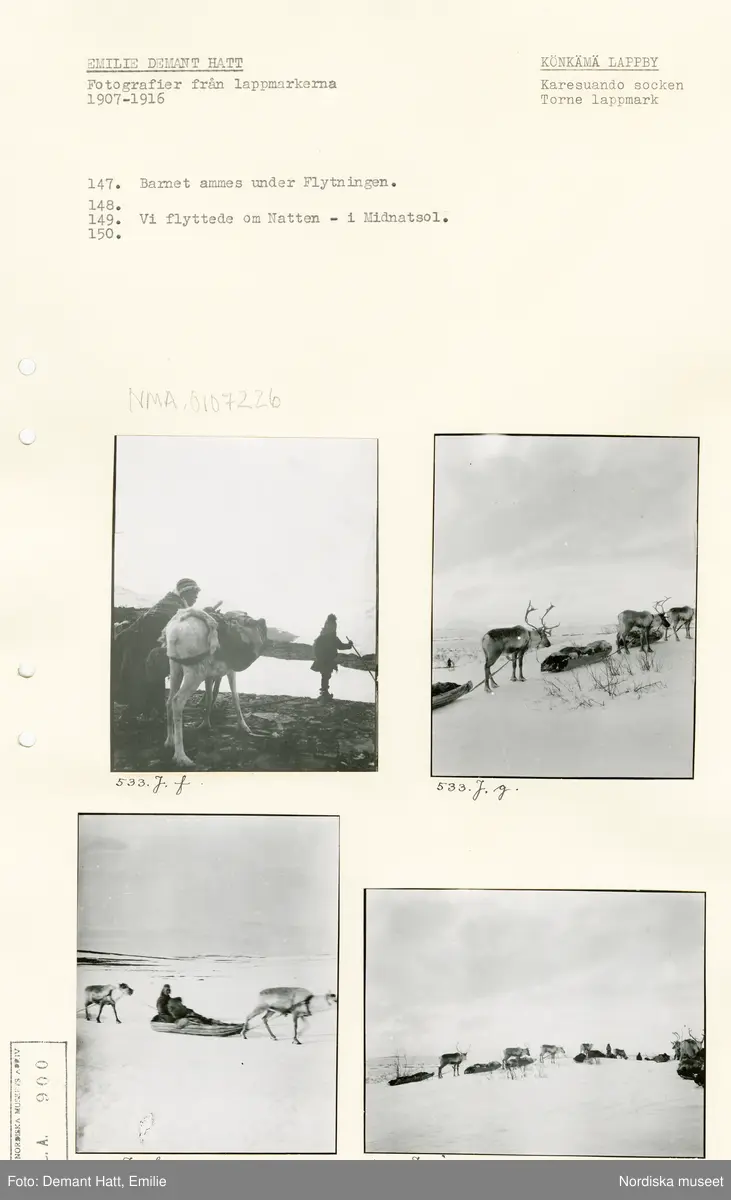 Arkivark med monterade fotografier tagna av Emilie Demant Hatt. Bilderna ingår i en serie fotografier tagna i Lappland, Sapmi mellan åren 1907 och 1916.
