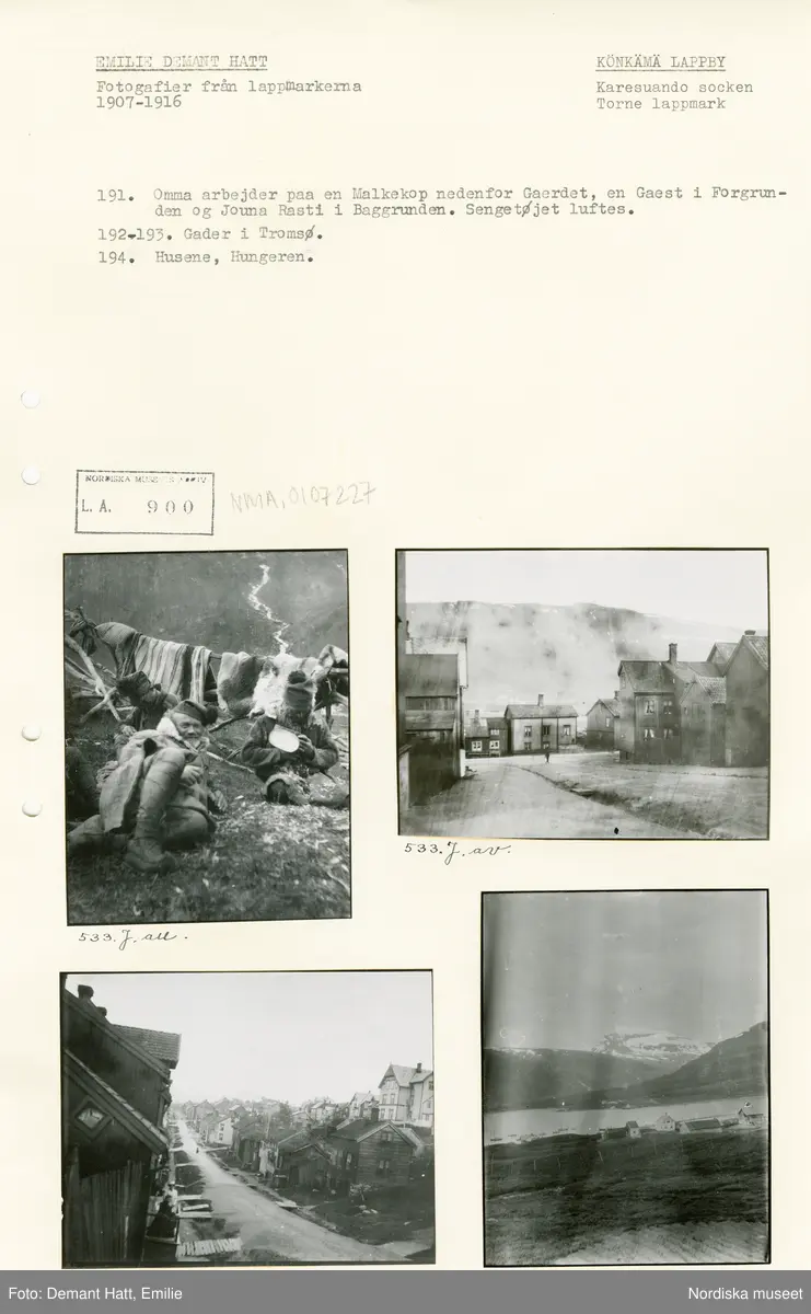 Arkivark med monterade fotografier tagna av Emilie Demant Hatt. Bilderna ingår i en serie fotografier tagna i Lappland, Sapmi mellan åren 1907 och 1916.