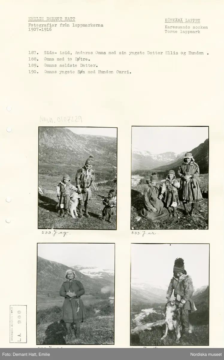 Arkivark med monterade fotografier tagna av Emilie Demant Hatt. Bilderna ingår i en serie fotografier tagna i Lappland, Sapmi mellan åren 1907 och 1916.