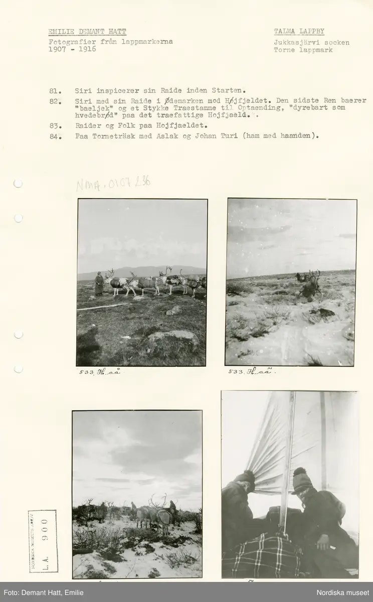 Arkivark med monterade fotografier tagna av Emilie Demant Hatt. Bilderna ingår i en serie fotografier tagna i Lappland, Sapmi mellan åren 1907 och 1916.