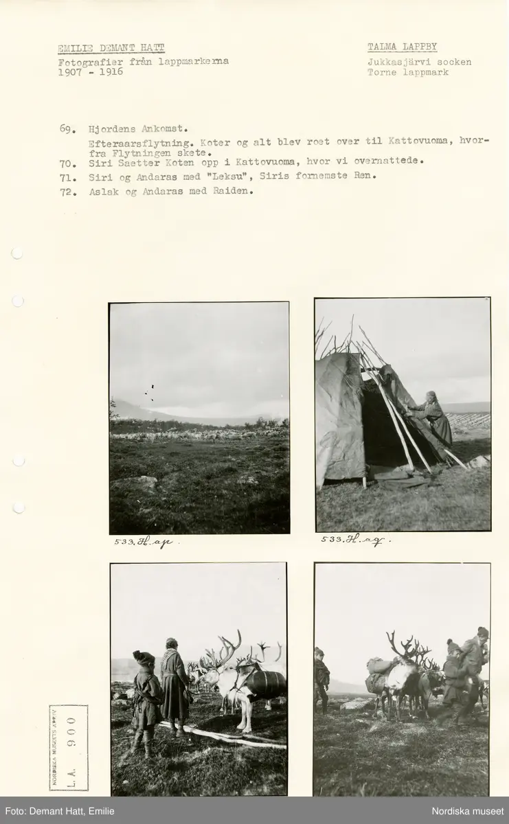 Arkivark med monterade fotografier tagna av Emilie Demant Hatt. Bilderna ingår i en serie fotografier tagna i Lappland, Sapmi mellan åren 1907 och 1916.