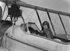 Flygare i förarsits på militärt flygplan tillhörande Österrike-Ungern under första världskriget. Närbild, vy från sidan.