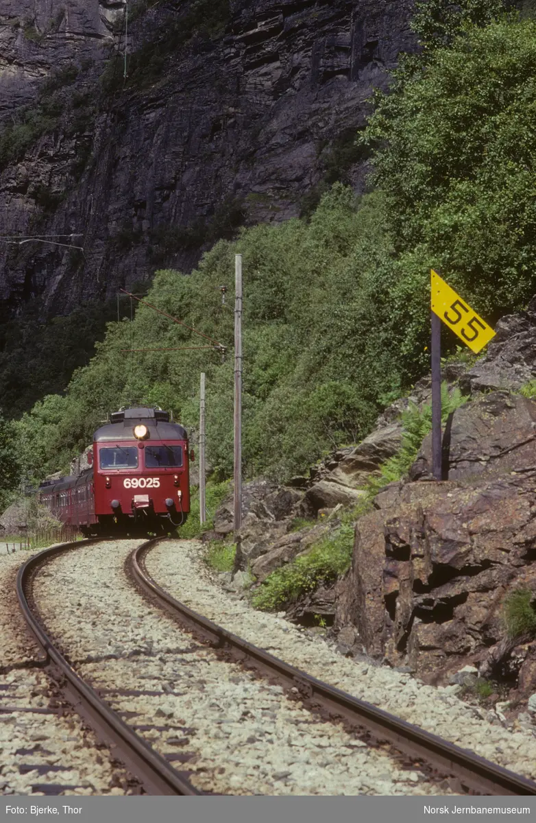 Tre motorvognsett type 69 med motorvogn BM 69 025 fremst i tog 1890 ved Blomheller på Flåmsbana