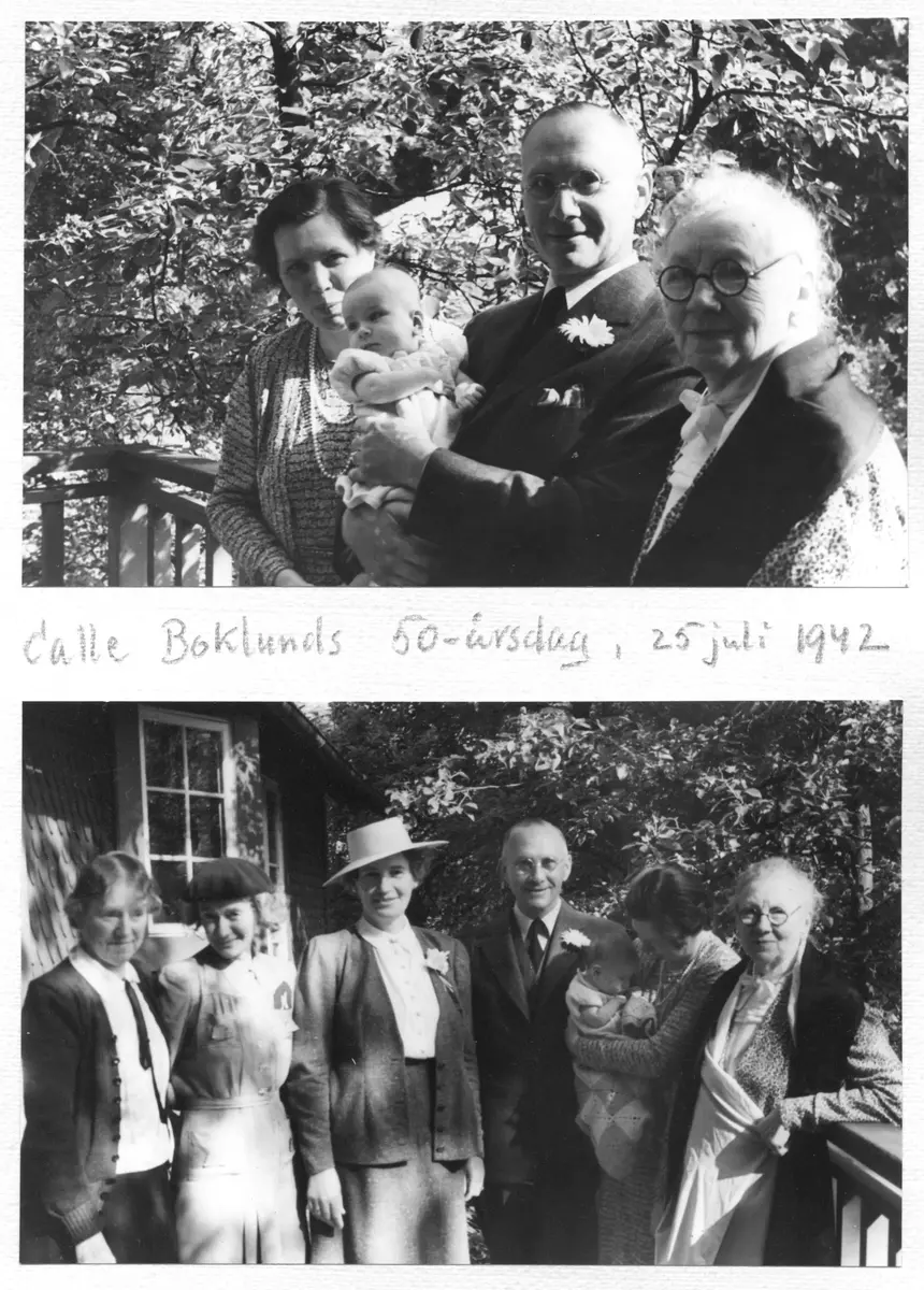 Bildtext: "Calle Boklunds 50-årsddag, 25 juli 1942". Sida ur fotoalbum från Anders Classons samling.