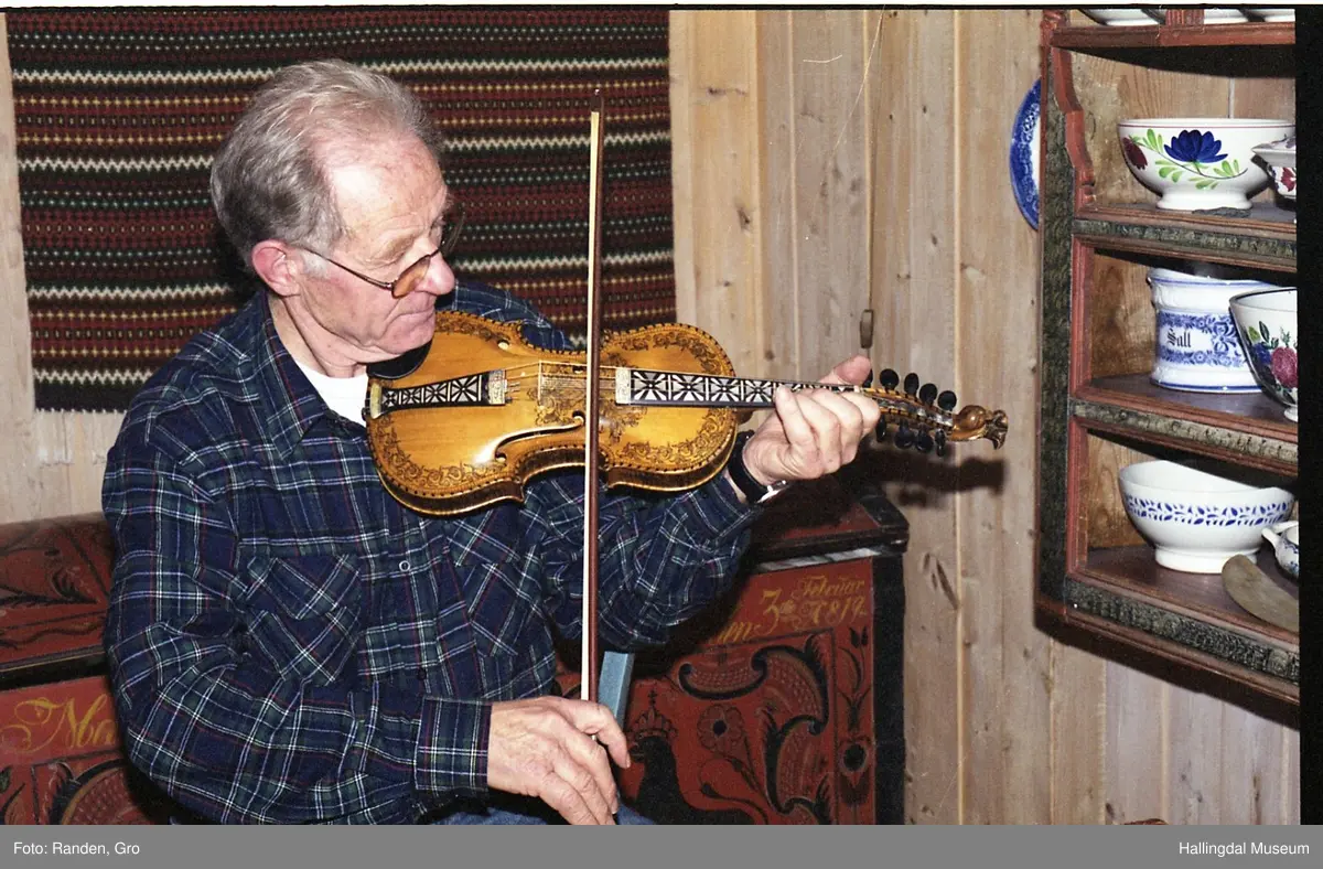 Hardingfele, tre, rødbrun lakkert. Dekorert med tusj i rosemalingsmønster, over, under, langs sidene. Gripebrett med perlemor. 7 band, 9 stemmeskruer. Halsen ender i dragehode. 5 understrenger, 3 overstrenger, samt en avslitt. Hakestøtte. Inni fela produsentens navn trykt på en papirlapp: OLAF G. HELLAND. VIOLINMAGER. NOTODDEN. Bunn påskrevet med hånd, blyant: Rep af .. R.... Kjørrdalen. BØ TELEMARK.