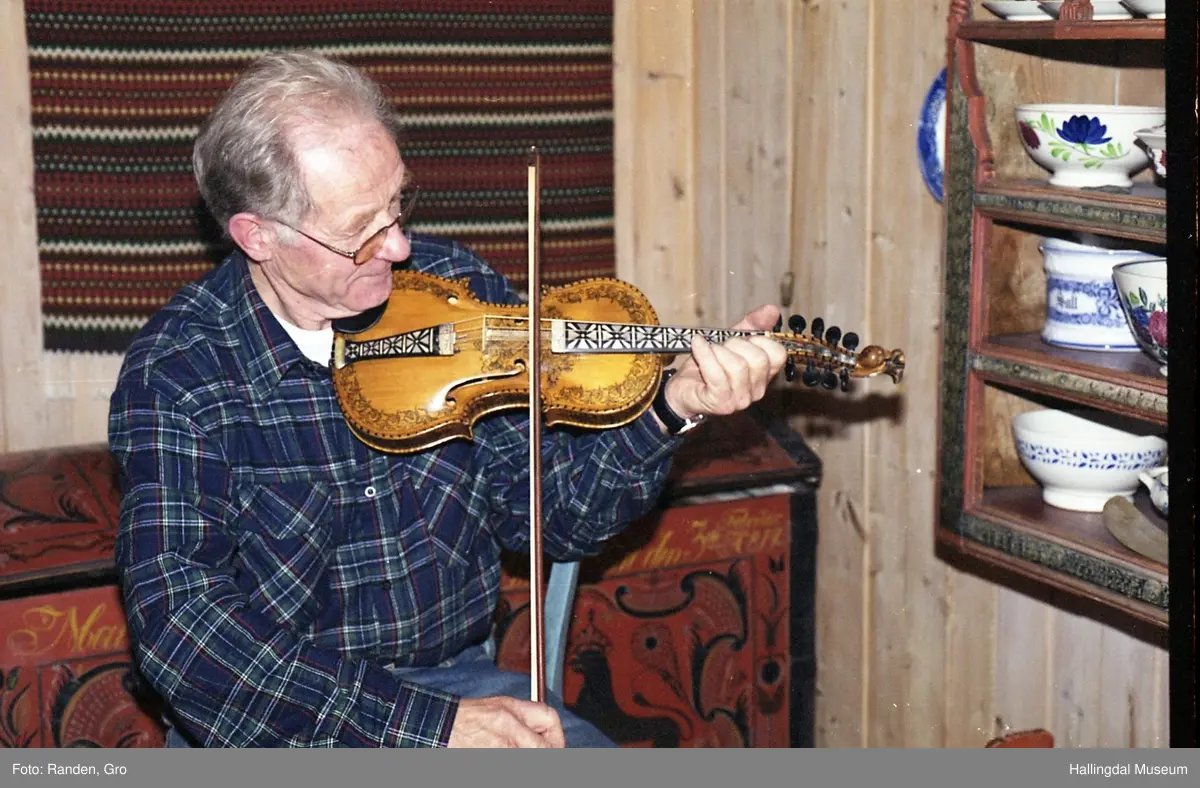 Hardingfele, tre, rødbrun lakkert. Dekorert med tusj i rosemalingsmønster, over, under, langs sidene. Gripebrett med perlemor. 7 band, 9 stemmeskruer. Halsen ender i dragehode. 5 understrenger, 3 overstrenger, samt en avslitt. Hakestøtte. Inni fela produsentens navn trykt på en papirlapp: OLAF G. HELLAND. VIOLINMAGER. NOTODDEN. Bunn påskrevet med hånd, blyant: Rep af .. R.... Kjørrdalen. BØ TELEMARK.
