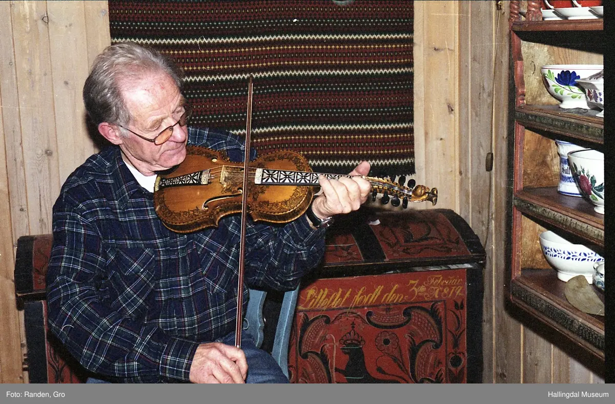 Hardingfele, tre, rødbrun lakkert. Dekorert med tusj i rosemalingsmønster, over, under, langs sidene. Gripebrett med perlemor. 7 band, 9 stemmeskruer. Halsen ender i dragehode. 5 understrenger, 3 overstrenger, samt en avslitt. Hakestøtte. Inni fela produsentens navn trykt på en papirlapp: OLAF G. HELLAND. VIOLINMAGER. NOTODDEN. Bunn påskrevet med hånd, blyant: Rep af .. R.... Kjørrdalen. BØ TELEMARK.