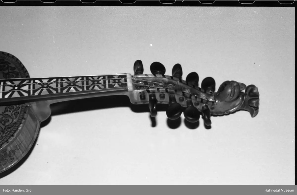 Hardingfele, tre, rødbrun lakkert. Dekorert med tusj i rosemalingsmønster, over, under, langs sidene. Gripebrett med perlemor. 7 band, 9 stemmeskruer. Halsen ender i dragehode. 5 understrenger, 3 overstrenger, samt en avslitt. Hakestøtte. Inni fela produsentens navn trykt på en papirlapp: OLAF G. HELLAND. VIOLINMAGER. NOTODDEN. Bunn påskrevet med hånd, blyant: Rep af .. R.... Kjørrdalen. BØ TELEMARK.
