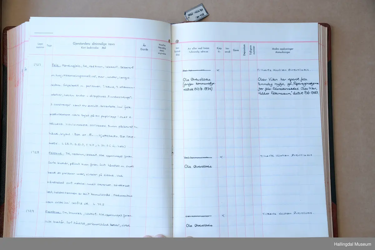 Hardingfele, tre, rødbrun lakkert. Dekorert med tusj i rosemalingsmønster, over, under, langs sidene. Gripebrett med perlemor. 7 band, 9 stemmeskruer. Halsen ender i dragehode. 5 understrenger, 3 overstrenger, samt en avslitt. Hakestøtte. Inni fela produsentens navn trykt på en papirlapp: OLAF G. HELLAND. VIOLINMAGER. NOTODDEN. Bunn påskrevet med hånd, blyant: Rep af .. R.... Kjørrdalen. BØ TELEMARK.