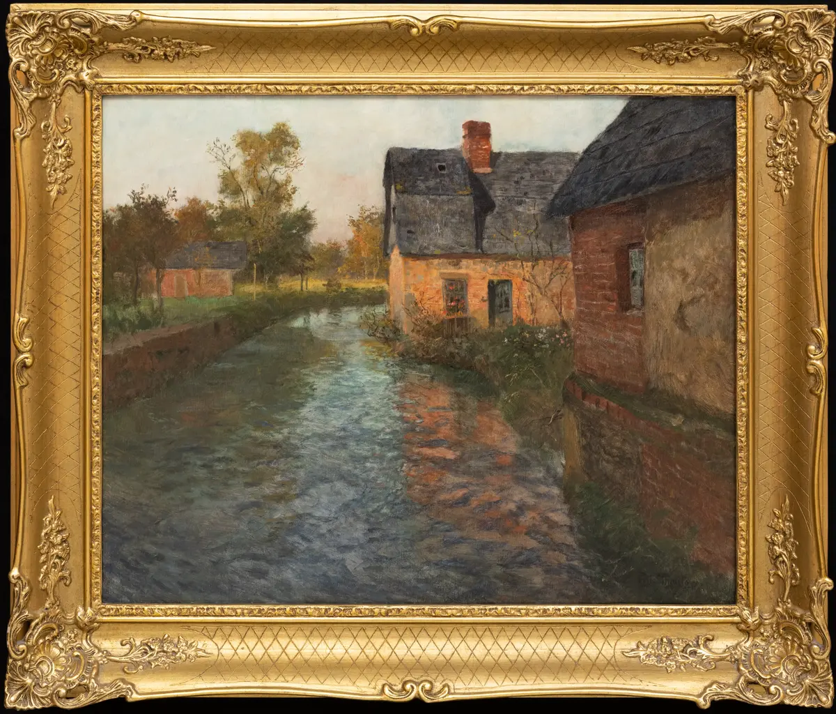 Elvelandskap med murstenshus [Maleri]