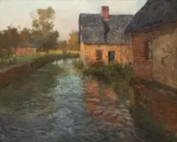 Elvelandskap med murstenshus [Maleri]