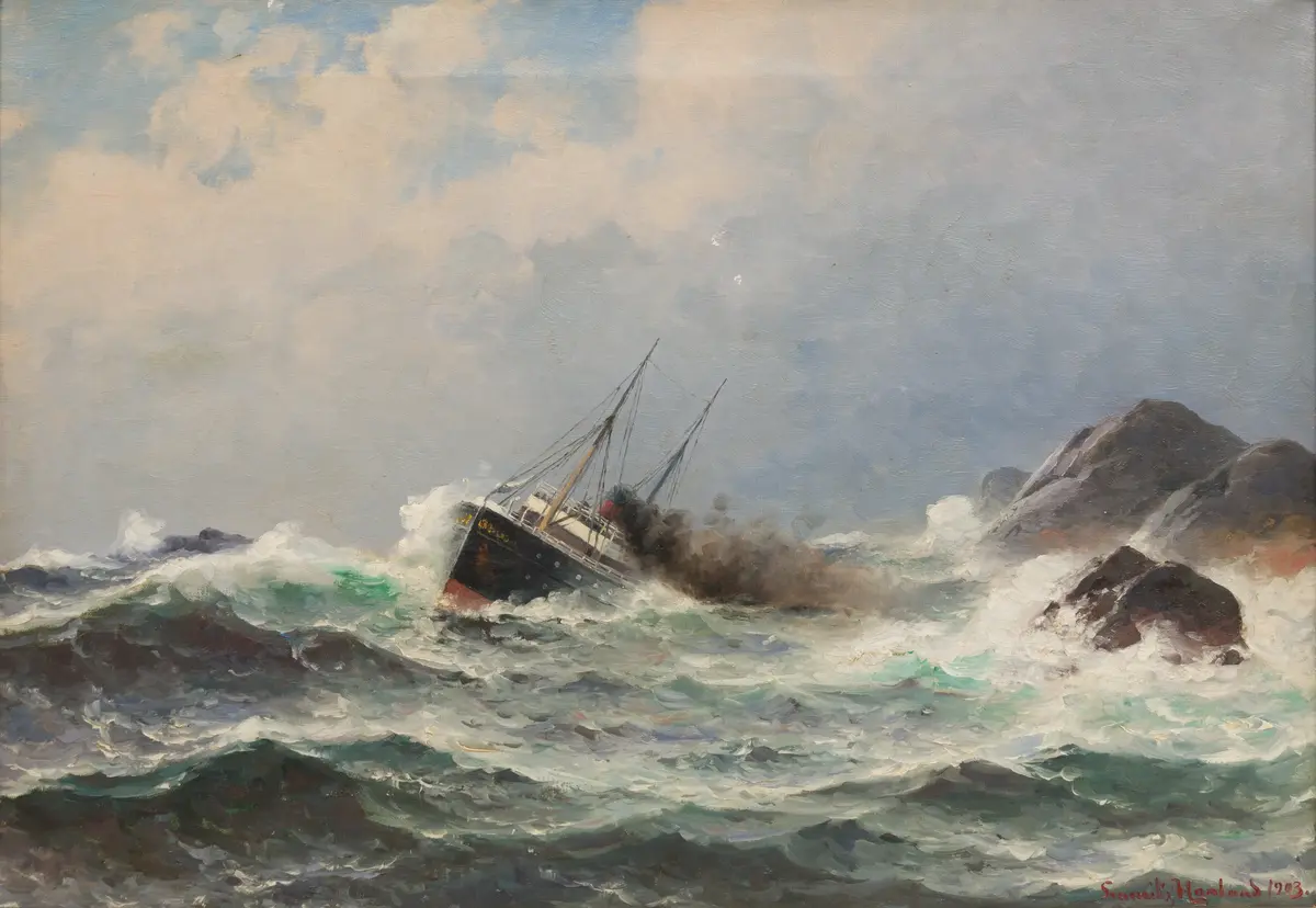 Dampskip ved kyst [Maleri]