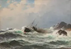 Dampskip ved kyst [Maleri]