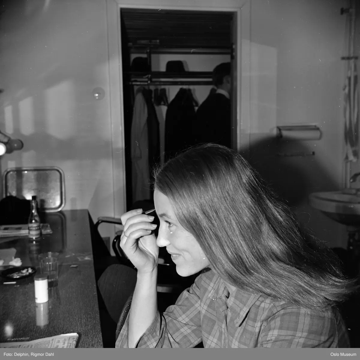 teatergarderobe, kvinne, skuespiller, sminkebord, speil