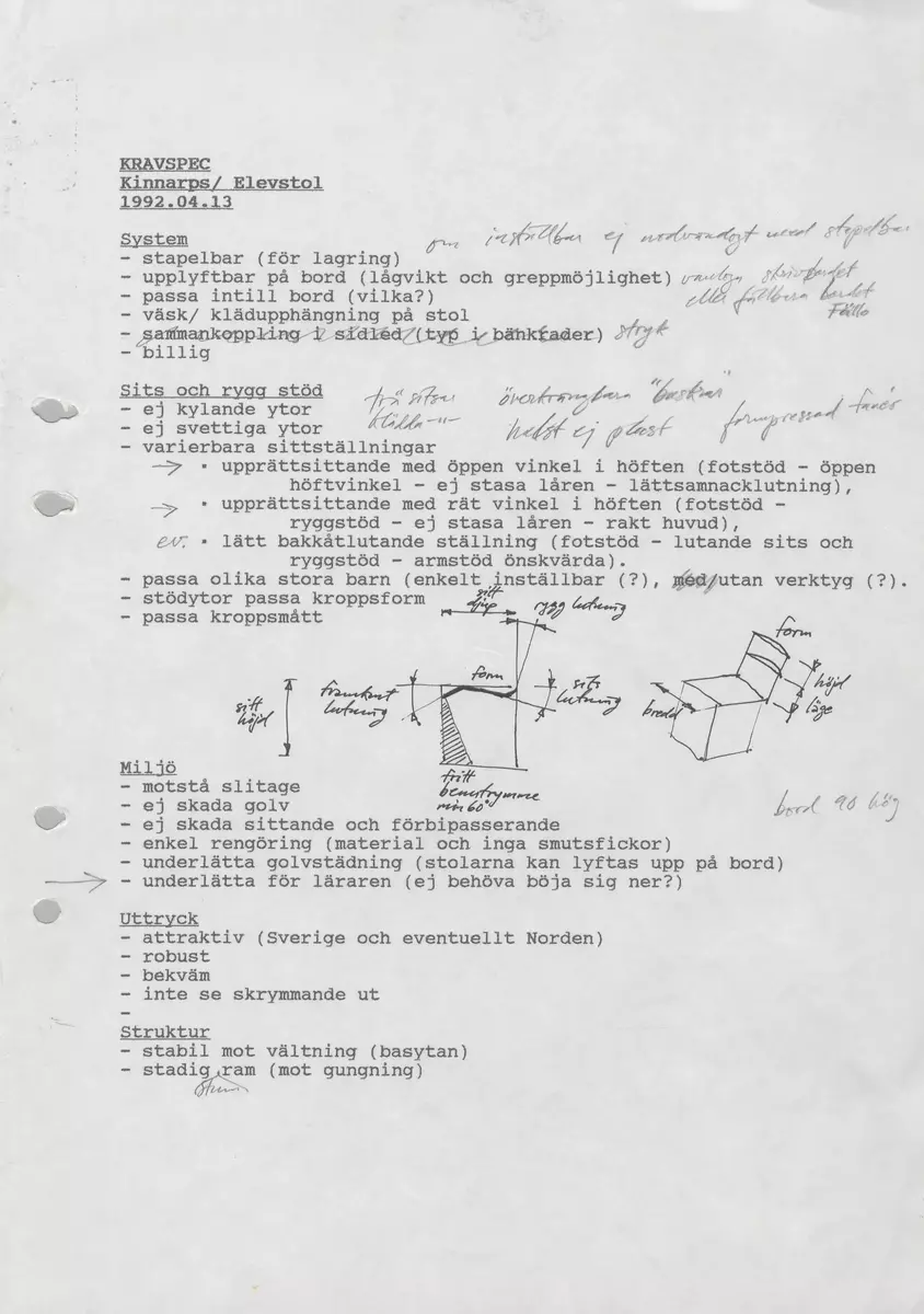 Skisser till skolstolar i olika varianter. Även referensmaterial innehållande foton, noteringar av formgivaren samt produktblad från tillverkaren.