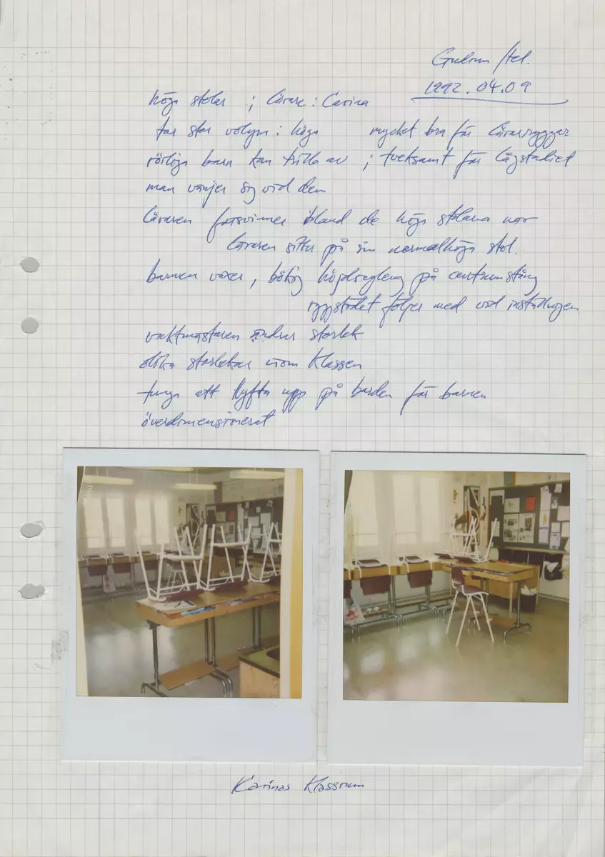 Skisser till skolstolar i olika varianter. Även referensmaterial innehållande foton, noteringar av formgivaren samt produktblad från tillverkaren.