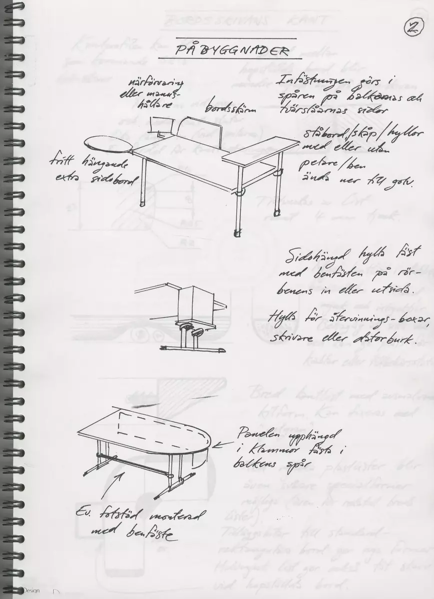 Presentationsmaterial innehållande skisser, ritningar och förklarande texter till utformningen av ett bordssystem. Materialet omfattar 38 spiralbundna A4-sidor.