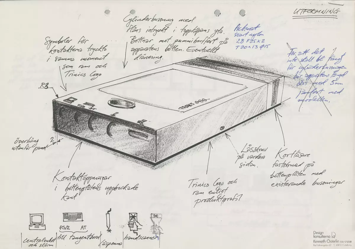 Skisser och detaljritningar till en kortläsare. Förklarande noteringar och måttangivelser. Även ett produktblad från tillverkaren.