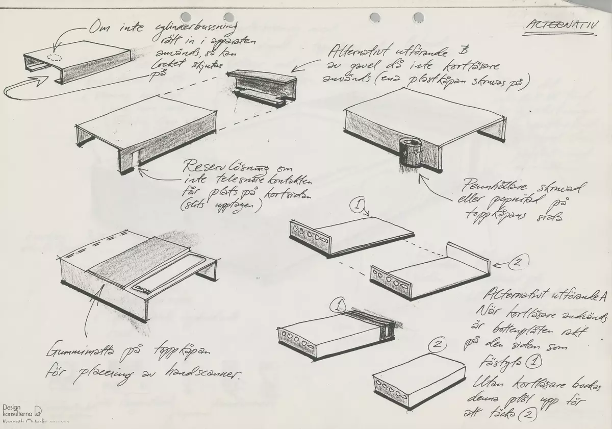 Skisser och detaljritningar till en kortläsare. Förklarande noteringar och måttangivelser. Även ett produktblad från tillverkaren.