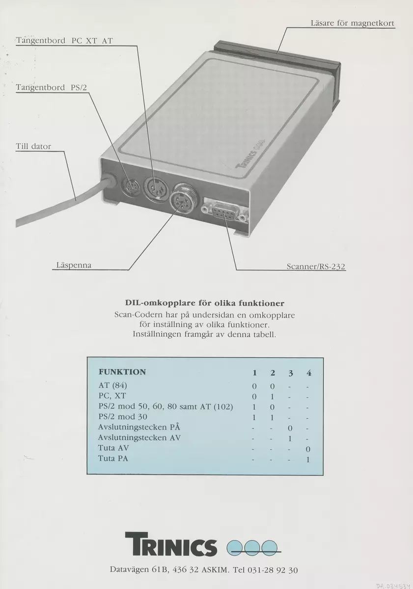 Skisser och detaljritningar till en kortläsare. Förklarande noteringar och måttangivelser. Även ett produktblad från tillverkaren.
