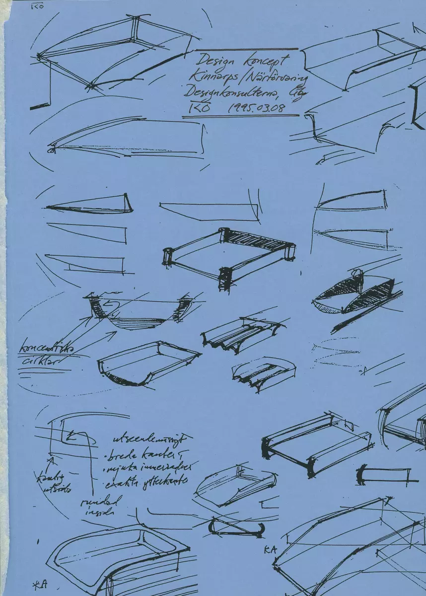 Skisser till ett designkoncept för närförvaring i kontorsmiljö. Konceptet omfattar olika typer av fack, backar och hyllor. Förklarande noteringar.