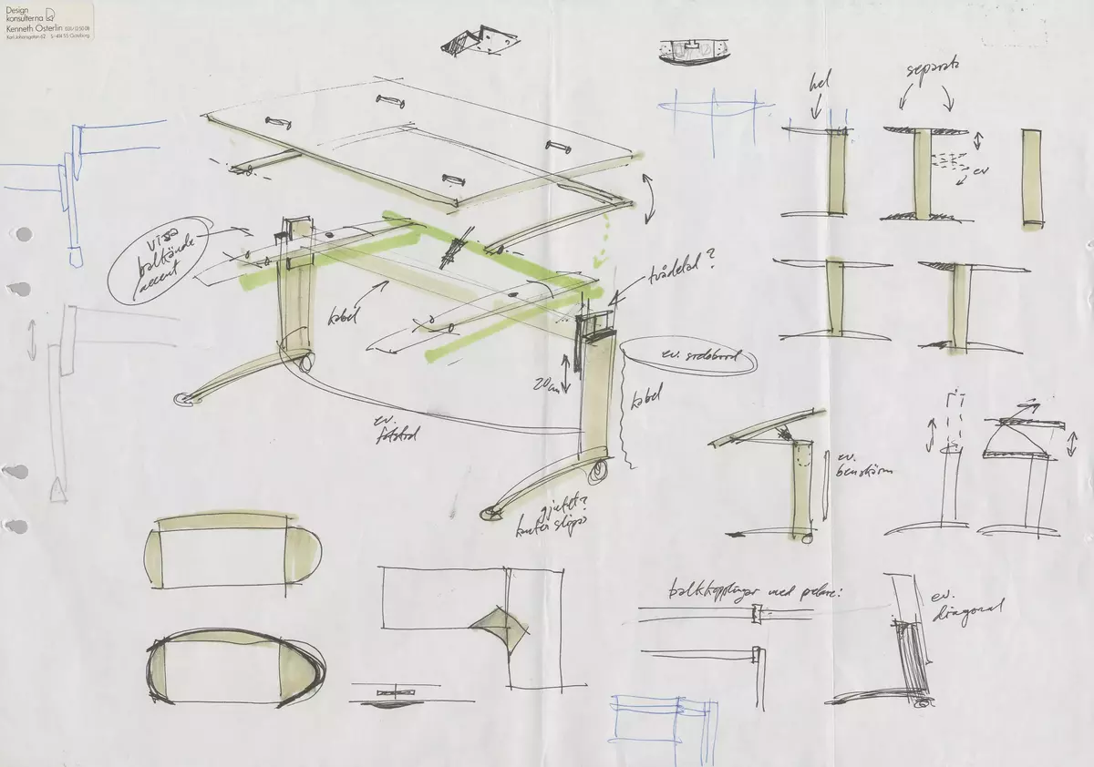 Skisser till ett kontorsmöbelsystem med förvaring och arbetsplatser som omfattar skåp, hurtsar, olika typer av bord, hyllor samt skärmar. Även referensmaterial i form av produktblad, kataloger m m.
