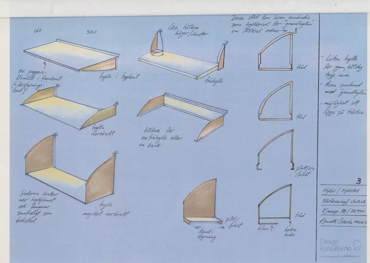 Skisser till ett skärmsystem för kontorsbruk med flyttbara moduler. Skärmarna skulle även ha ljuddämpande egenskaper och kunna bära elkablar. Även referensmaterial innehållande produktblad och bruksanvisningar.