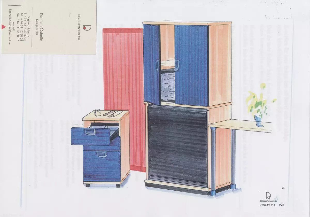 Skisser till ett kontorsmöbelsystem med förvaring och arbetsplatser som omfattar skåp, hurtsar, olika typer av bord, hyllor samt skärmar. Även referensmaterial i form av produktblad, kataloger m m.
