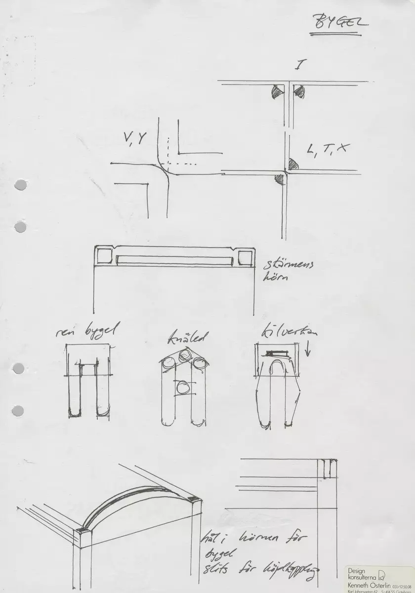 Skisser till ett skärmsystem för kontorsbruk med flyttbara moduler. Skärmarna skulle även ha ljuddämpande egenskaper och kunna bära elkablar. Även referensmaterial innehållande produktblad och bruksanvisningar.