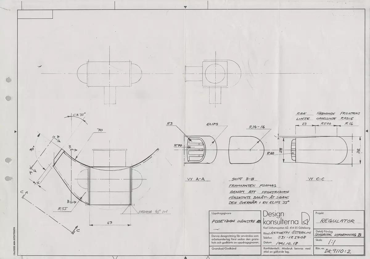 Skisser och idéskisser till en regulator och en hållare för dykarinstrument, samt referensmaterial i form av affischer och en presentation med polaroidfotografier och skisser. Enligt uppgift från formgivaren hade regulatorn först modellnamnet "Maximum" och sedan "Jet Stream". Noteringar. Måttangivelser.