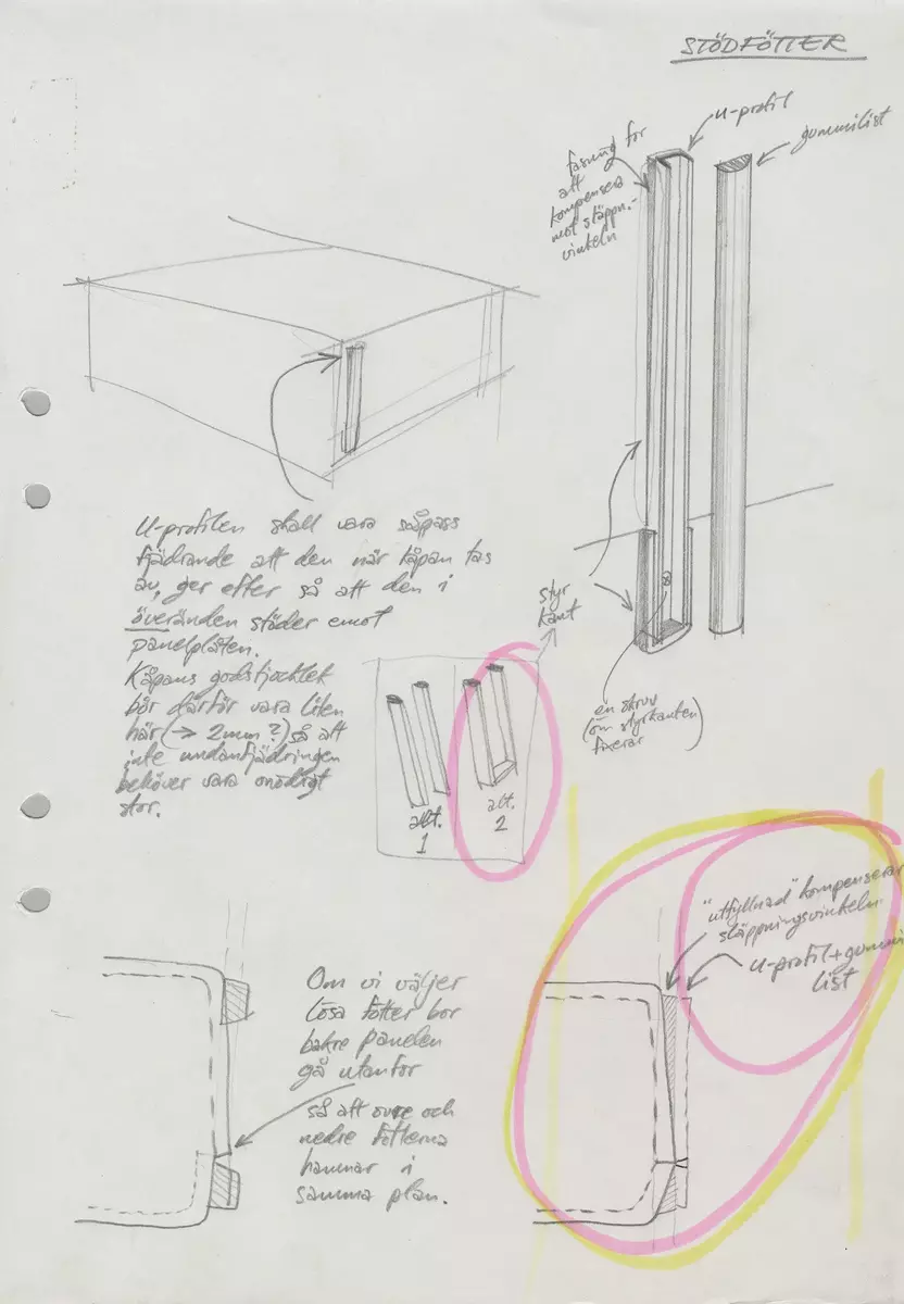 Skisser och ritningar med noteringar och måttangivelser till en projektor för 6x6 diabilder. Även referensmaterial innehållande fotografier och negativ av både modeller och färdig produkt, produktblad, listor på produktfunktioner, materialval m m, avtalsdisposition samt mötesprotokoll.