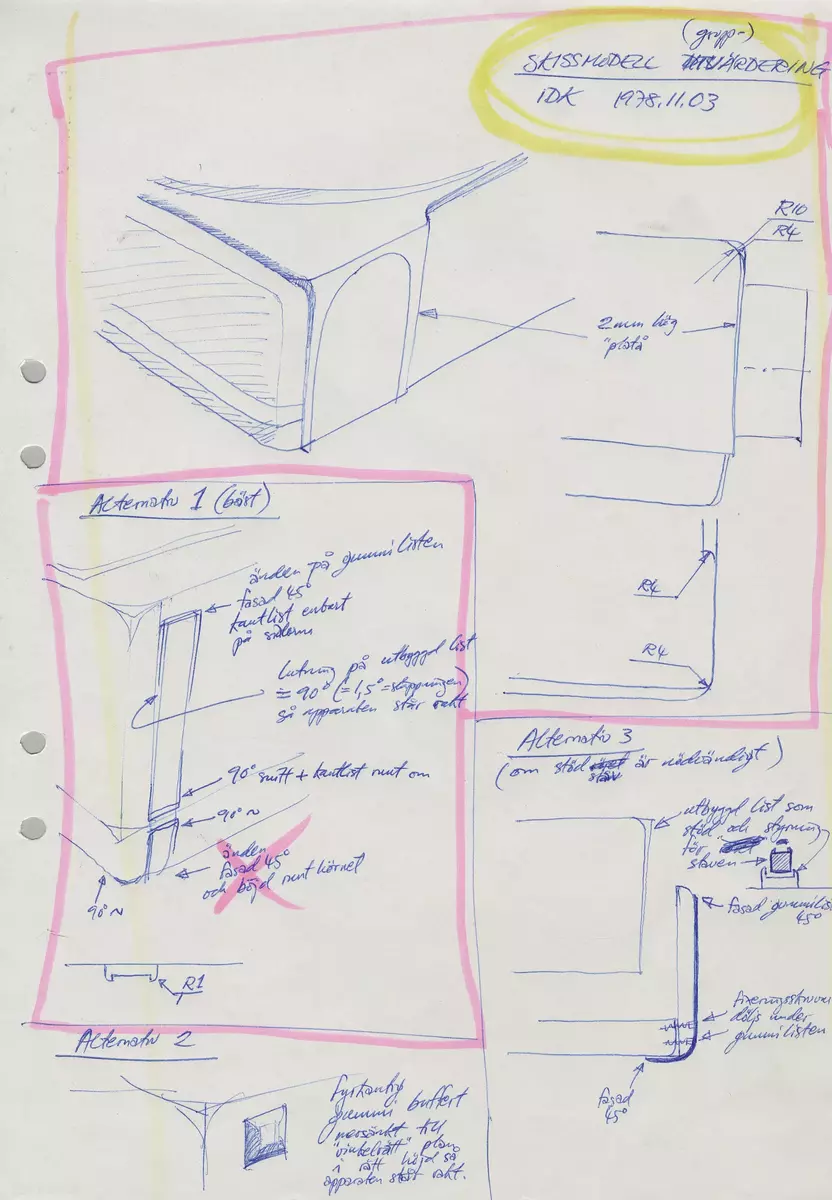 Skisser och ritningar med noteringar och måttangivelser till en projektor för 6x6 diabilder. Även referensmaterial innehållande fotografier och negativ av både modeller och färdig produkt, produktblad, listor på produktfunktioner, materialval m m, avtalsdisposition samt mötesprotokoll.