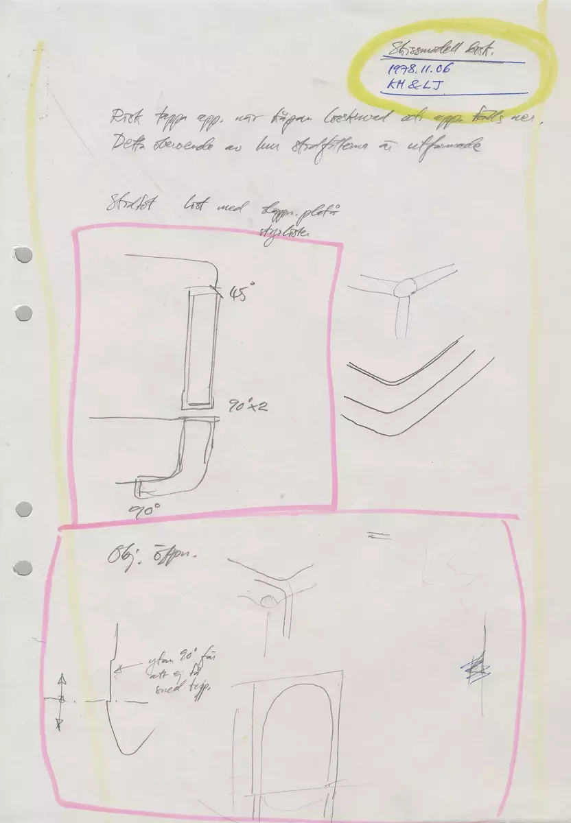 Skisser och ritningar med noteringar och måttangivelser till en projektor för 6x6 diabilder. Även referensmaterial innehållande fotografier och negativ av både modeller och färdig produkt, produktblad, listor på produktfunktioner, materialval m m, avtalsdisposition samt mötesprotokoll.