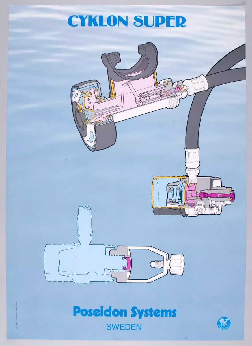 Skisser och idéskisser till en regulator och en hållare för dykarinstrument, samt referensmaterial i form av affischer och en presentation med polaroidfotografier och skisser. Enligt uppgift från formgivaren hade regulatorn först modellnamnet "Maximum" och sedan "Jet Stream". Noteringar. Måttangivelser.