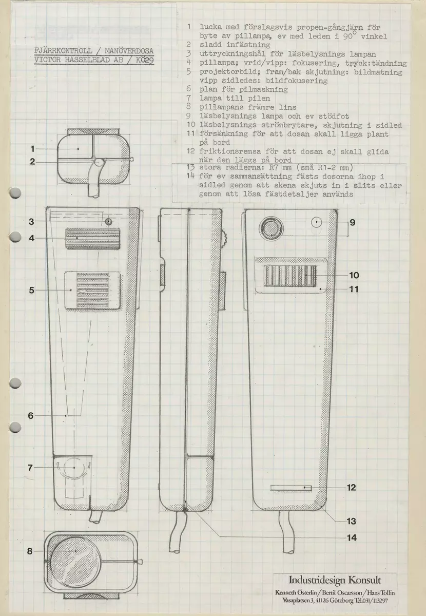 Skisser och ritningar med noteringar och måttangivelser till en projektor för 6x6 diabilder. Även referensmaterial innehållande fotografier och negativ av både modeller och färdig produkt, produktblad, listor på produktfunktioner, materialval m m, avtalsdisposition samt mötesprotokoll.