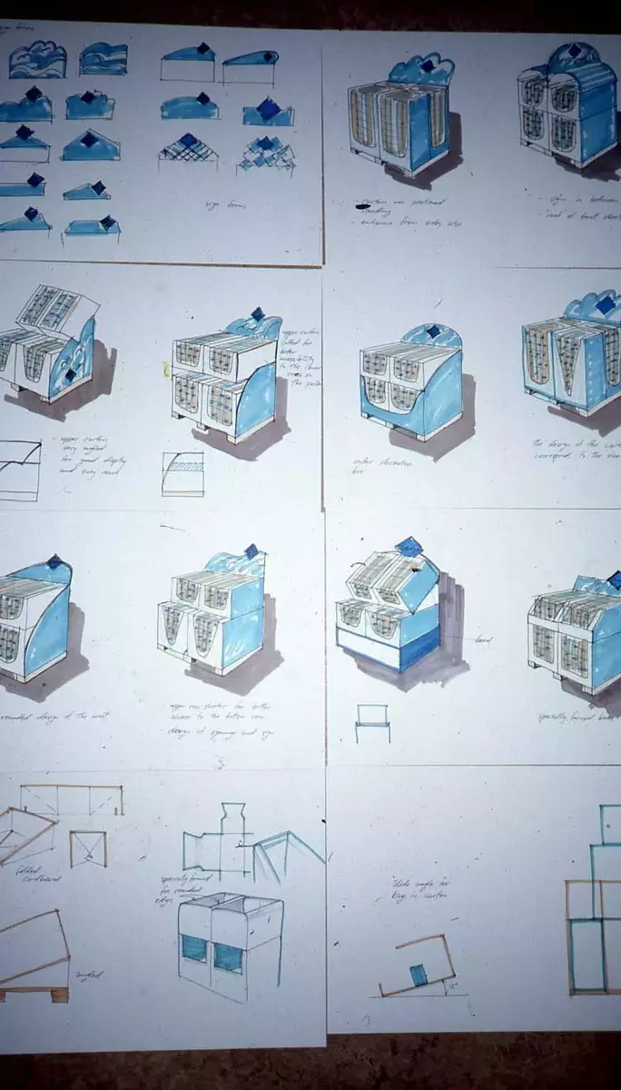 Förpackning för dambinda. Idéskisser, modeller och färdig förpackningslåda med uppfällbart lock.