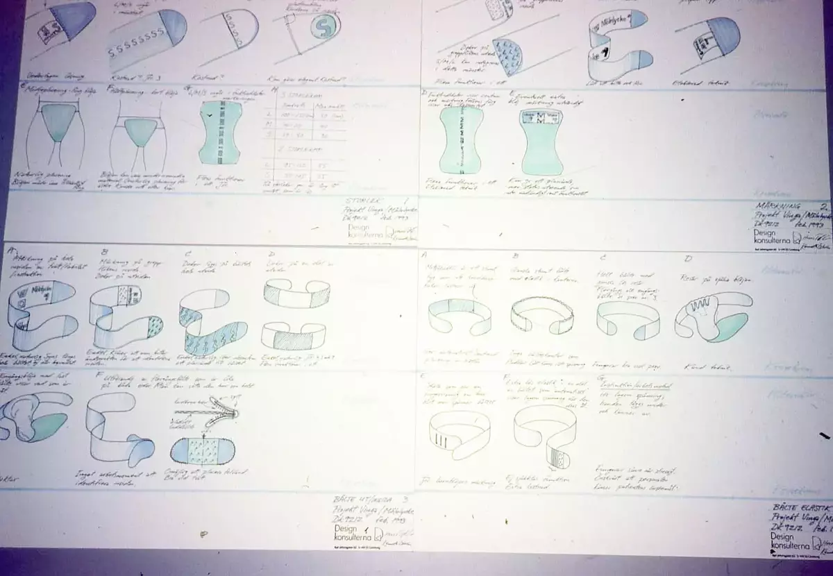 Skisser, modeller och presentationsmaterial på projekt "Vinga" (blöja)